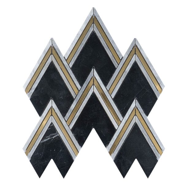 Nero Marquina & Carrara White & Brass Chevron Marble Mosaic