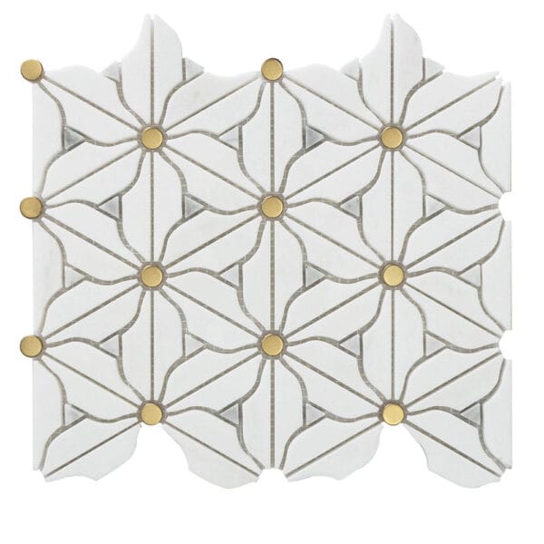 Thassos & Carrara White With Brass Flower Marble Mosaic Tile