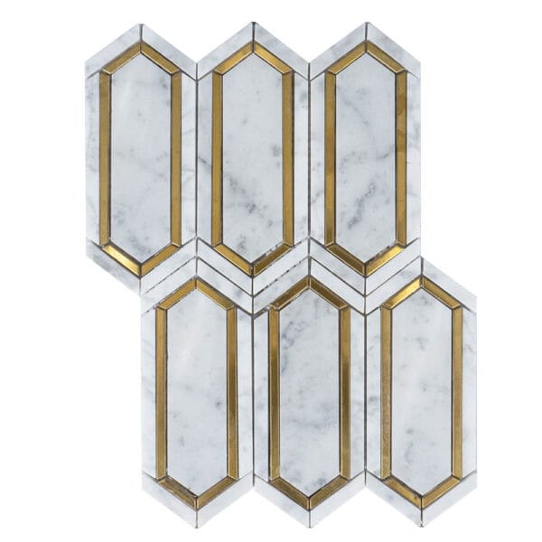 Carrara White & Brass Long Hexagonal Marble Mosaic