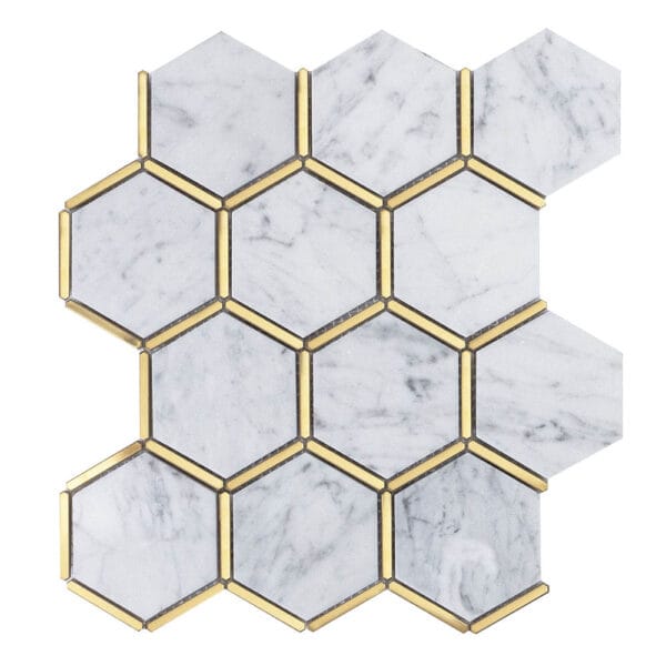 Bianco Carrara White & Brass Hexagonal Marble Mosaic