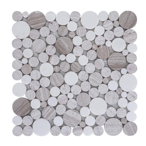 Thassos with Wooden Grain Multi-Round Marble Mosaic Tile