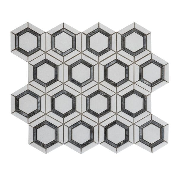 Wooden Black & Thassos Hexagonal Marble Mosaic Tile