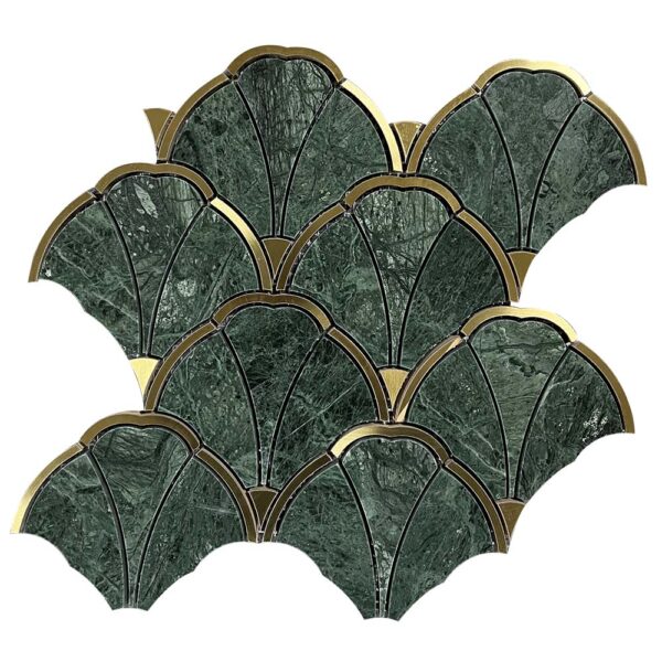 Water Jet Indian Green Inlay Brass Ginkgo Leaf Mosaic Tile
