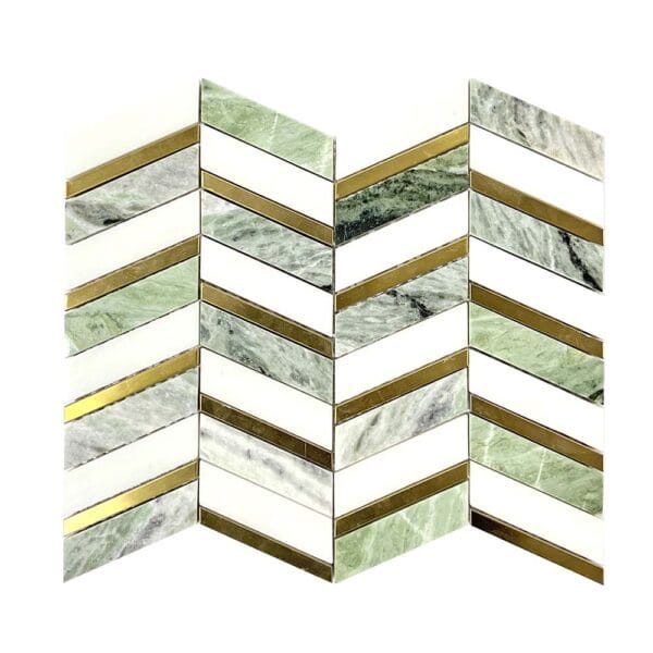 Shangri La With Thassos Inlay Brass Herringbone Marble Mosaic Tile