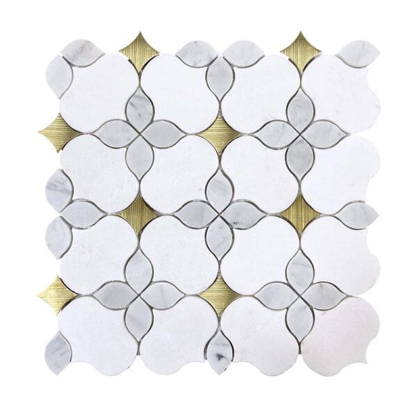 Carrara White With Thassos Inaly Brass Flower Mosaic Tile