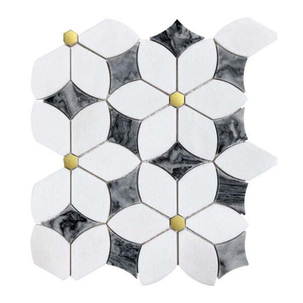 Cloud Grey With Thassos Inlay Hexagonal Brass Flower Mosaic Tile