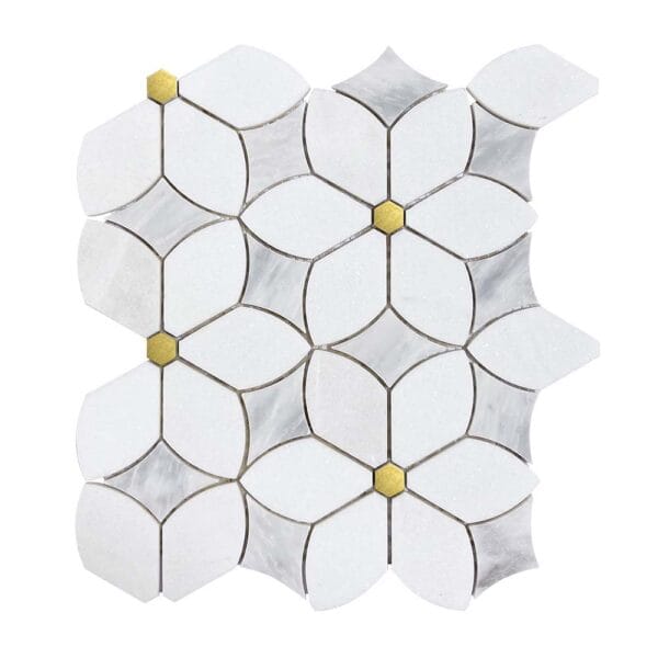 Azul Gray With Thassos Inlay Brass Flower Mosaic Tile